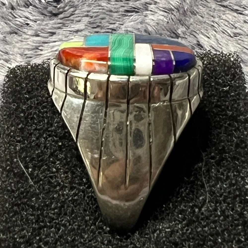Native American Sterling Silver Multi Stone Inlay Signet Ring Size 9
